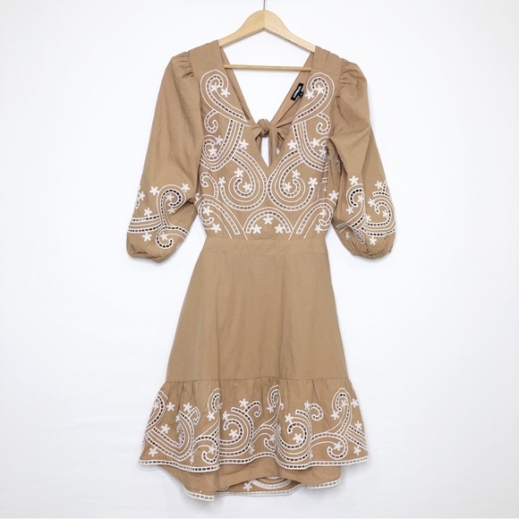 Express tan embroidered v neck open back tie back dress - Picture 10 of 13
